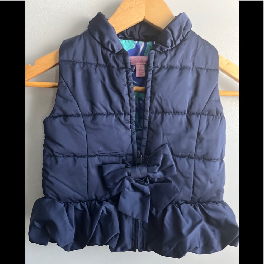 Lilly Pulitzer Girl's Navy Blue Mini Kate Puffer Vest Ruffle Bow Detail Size 4-5